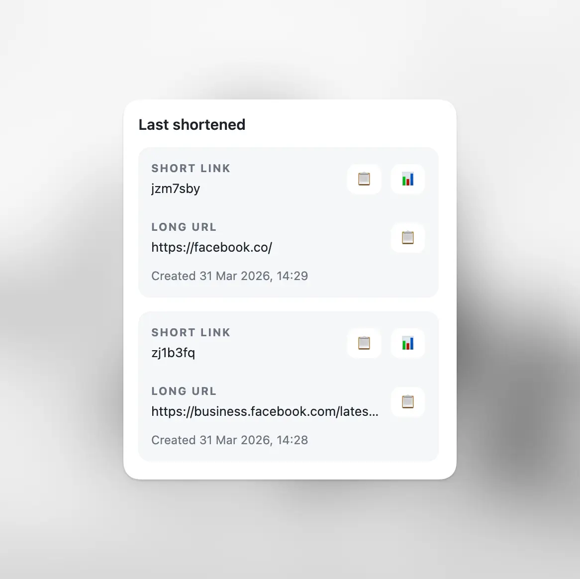 Screenshot of the chrome extension last shortened URLs feature